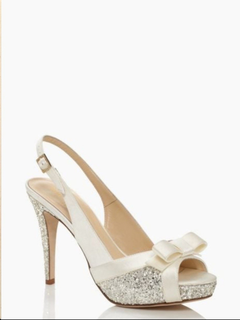 Kate Spade Ivory Satin Slingback Peep-Toe Heels with Glitter Platform